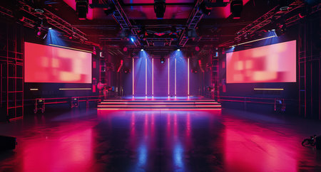 An empty event space with red neon lights and large screens. The room features a sleek industrial design.の素材