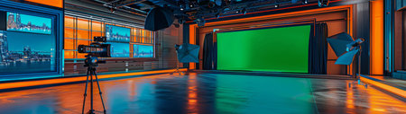 A professional video camera is set up on a tripod in a modern television studio, ready to film.の素材