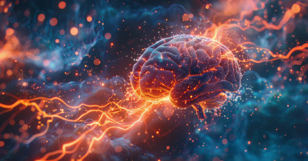 An abstract image depicting a neuron with glowing, intricate details, set against a dark background.の素材