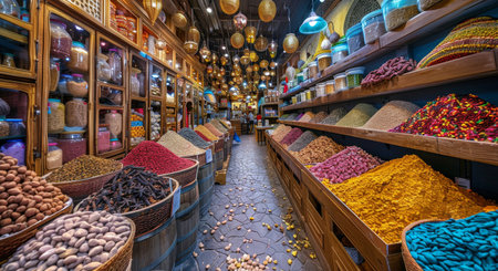A vibrant Middle Eastern market scene featuring rows of colorful spices and dried goods.の素材