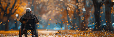 An elderly man in a wheelchair enjoys a walk through a park, surrounded by fall foliage.の素材