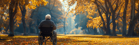 An elderly man in a wheelchair enjoys a walk through a park, surrounded by fall foliage.の素材