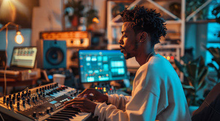 A young man sits in his home studio at night, focused on music production. Hes working on a keyboard and a mixing board, surrounded by recording equipment.の素材
