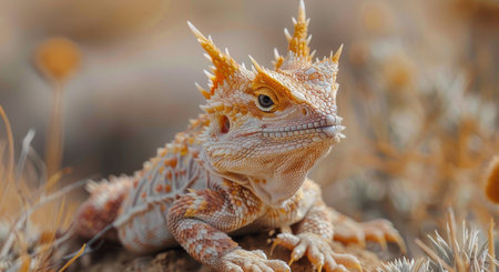 A thorny devil lizard sits on the sand in the Australian outback, basking in the afternoon sun.の素材