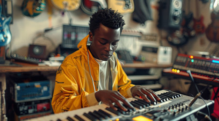 A young man in a yellow jacket sits in front of a keyboard, playing music in a studio space.の素材
