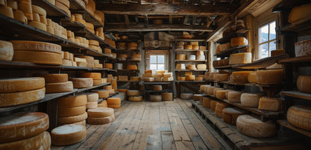 A wooden shelf in a cheese shop is filled with rows of different kinds of cheese.の素材