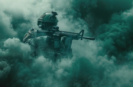 A soldier in camouflage gear and a helmet aims a rifle through a thick cloud of green smoke.の素材