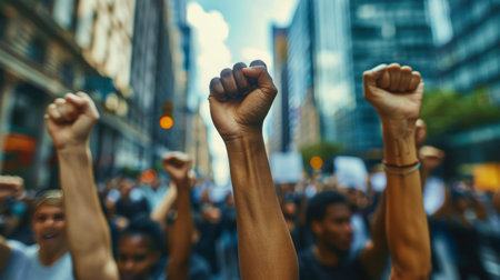 A close-up shot of a protesters fist raised in the air during a demonstration. Other protesters can be seen in the background.の素材