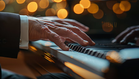 Close-up of a persons hands playing a piano keyboard, with warm lights and bokeh in the background.の素材