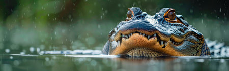 A close-up shot of an alligators head, partially submerged in water, with raindrops falling around it.の素材