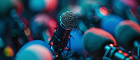 A microphone sits on a stage in front of multiple cameras during a live event. The cameras are blurred in the background, and the lights are warm and inviting.の素材