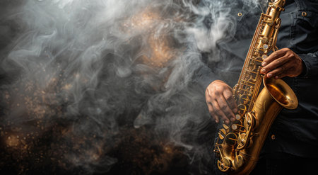A close-up image of a musician playing a saxophone, with smoke swirling around them.の素材