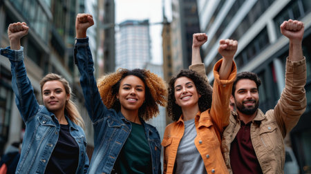 Four friends, two women and two men, stand together in an urban setting with their fists raised in the air, showing solidarity and strength.の素材