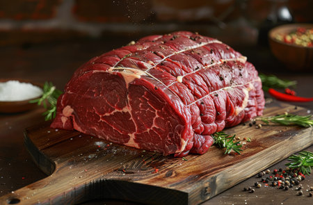 A raw beef roast seasoned with salt and pepper rests on a wooden cutting board, ready for cooking.の素材