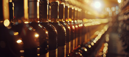 A close-up image of rows of wine bottles in a dimly lit cellar.の素材