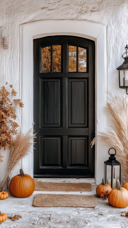The entrance features a stylish black door adorned with a wreath, flanked by tall decorative grasses and vibrant orange pumpkins, creating a warm autumn welcome in a suburban area.の素材