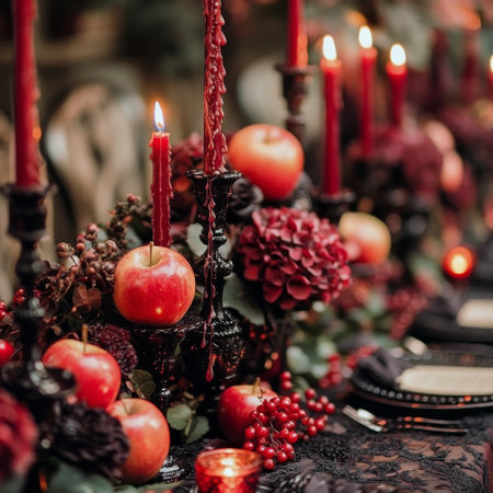 A beautifully arranged dinner table features vibrant red candles, dark floral decorations, and ripe apples as centerpieces, creating an enchanting autumn atmosphere for an elegant gathering.の素材