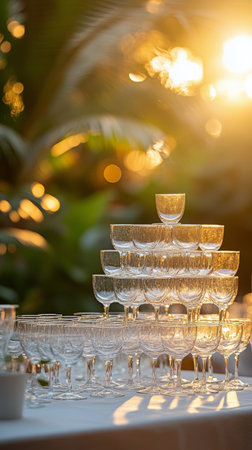 A stunning arrangement of sparkling glasses stacked in a pyramid shape catches the warm glow of the setting sun, creating an elegant atmosphere for a garden celebration.の素材