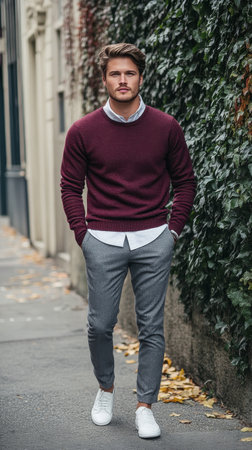 A well dressed man strolls casually along a street lined with lush ivy. He wears a maroon sweater paired with gray pants and white shoes, presenting an approachable and stylish look.の素材