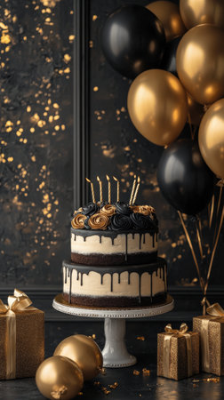 A beautifully layered birthday cake sits on a stand, topped with candles and decorative roses. Surrounding it are gold and black balloons, along with wrapped gifts, creating a festive atmosphere.の素材