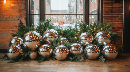 This inviting indoor area features two lush green trees decorated with lights, surrounded by large reflective ornaments. The space is warm and festive, perfect for holiday gatherings.の素材