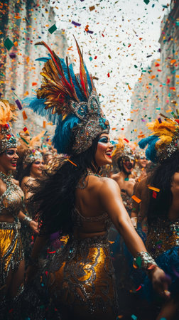 Dancers adorned in elaborate costumes celebrate with smiles as confetti fills the air during a festival. The lively atmosphere showcases the spirit of unity and joy among participants.の素材