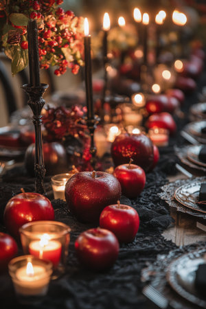 A beautifully arranged dinner table features vibrant red apples placed in decorative bowls, surrounded by flickering candlelight, creating a cozy atmosphere for a festive autumn gathering.の素材