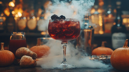 A beautifully crafted cocktail sits in a glass, exuding a smoky aura, surrounded by pumpkins and atmospheric bar decor. This setting captures the essence of a festive autumn evening.の素材