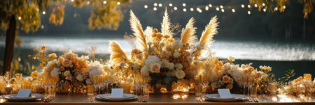 A stunning display of soft peach and white roses accompanied by pampas grass is beautifully arranged on a table. Soft lights twinkle in the background, creating a warm atmosphere.の素材
