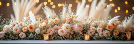 A stunning display of soft peach and white roses accompanied by pampas grass is beautifully arranged on a table. Soft lights twinkle in the background, creating a warm atmosphere.の素材