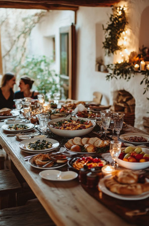 Friends enjoy a delightful dinner together, surrounded by warm candlelight and a variety of tasty dishes. Laughter fills the air as they share a special moment and savor their meal.の素材