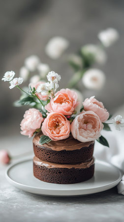 A beautifully crafted layered chocolate cake features rich chocolate frosting and fresh flowers on top. The delicate blooms add elegance, making the dessert perfect for celebrations.の素材