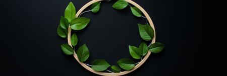 This arrangement features a circular wreath crafted from thin wood adorned with vibrant green leaves. Set against a black backdrop, it highlights the beauty of nature and simplicity.の素材