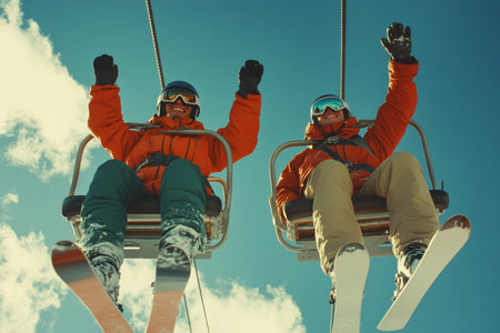 Two snowboarders dressed in winter gear sit on a ski lift, surrounded by snowy mountains. They enjoy the ride while waving, with an overcast sky above them.の素材