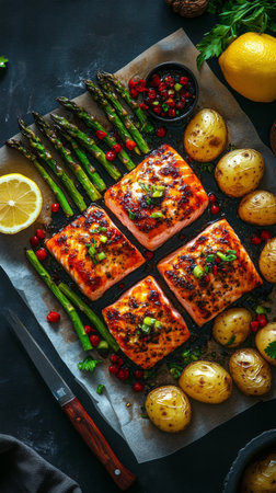 Grilled salmon fillets are beautifully presented alongside roasted potatoes and fresh asparagus, garnished with lemon slices and herbs, perfect for a wholesome meal.の素材