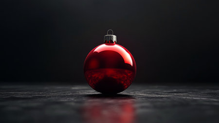 A bright red ornament sits alone on a dark, reflective surface, showing its glossy finish. This decoration is perfect for enhancing the holiday spirit during the festive season.の素材