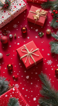 Wrapped holiday gifts in red and gold sit on a vibrant red surface adorned with snowflakes and ornaments. Pine branches and shiny decorations add to the festive atmosphere.の素材