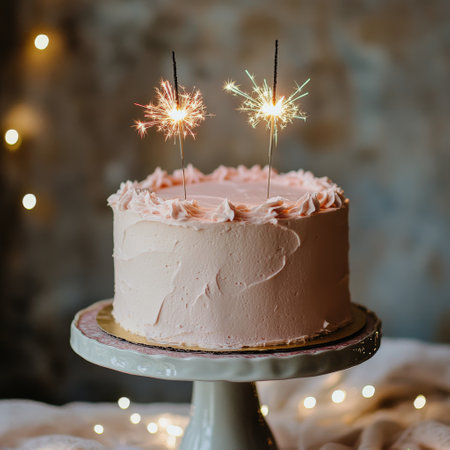 A beautifully decorated pink cake sits on a white pedestal. Two sparklers shine brightly above the cake, creating a festive atmosphere suitable for a birthday or celebration.の素材
