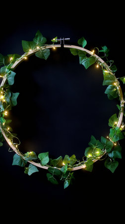 A circular decorative hoop adorned with vibrant green leaves and twinkling fairy lights creates a warm and inviting atmosphere, perfect for enhancing interior decor or event displays.の素材