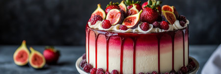 A beautifully crafted layered cake features a smooth white frosting, decorated with ripe figs and strawberries. The cake is placed on a dark surface, highlighting its vibrant colors.の素材