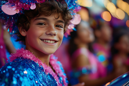 A young boy smiles brightly while dressed in a colorful carnival costume, holding a drum.の素材