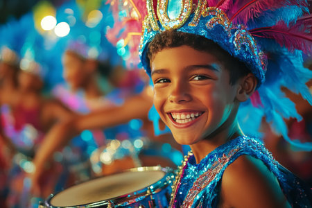 A young boy smiles brightly while dressed in a colorful carnival costume, holding a drum.の素材