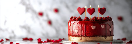 A rich red velvet cake features heart shaped decorations and candles, creating a festive atmosphere. Around it, soft rose petals add a romantic touch. This setting is perfect for celebrations.の素材