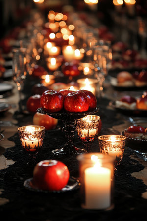 A beautifully arranged dinner table features vibrant red apples placed in decorative bowls, surrounded by flickering candlelight, creating a cozy atmosphere for a festive autumn gathering.の素材