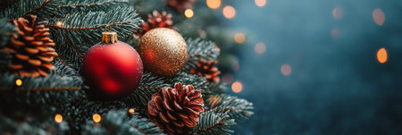 A soft pink wall serves as a backdrop for a beautifully decorated Christmas tree adorned with ornaments. A gentle glow from a pendant light adds warmth to the festive atmosphere.の素材