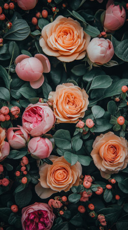 A stunning arrangement features an array of flowers in soft peach and pink colors, showing various blooms like roses and delicate blossoms, creating a serene and enchanting atmosphere.の素材