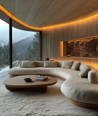 This stylish living area features a unique curved sofa and a wooden coffee table, with expansive windows showcasing a serene forest landscape bathed in soft natural light.の素材