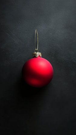 A vibrant red ornament dangles from a thin thread, reflecting light against a dark background. The smooth surface adds a touch of elegance, perfectly capturing the holiday spirit.の素材