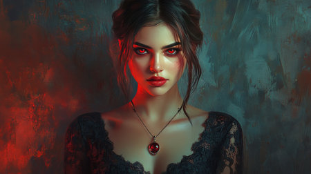 A woman with piercing red eyes and dark gothic clothing captivates the viewer. She stands in a dimly lit space, exuding an alluring, mysterious aura while wearing intricate lace.の素材