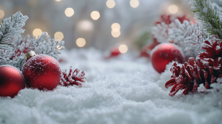 Two red ornaments lie on a blanket of snow surrounded by berries and gentle light, creating a serene winter atmosphere. This setting evokes holiday spirit and seasonal beauty.の素材